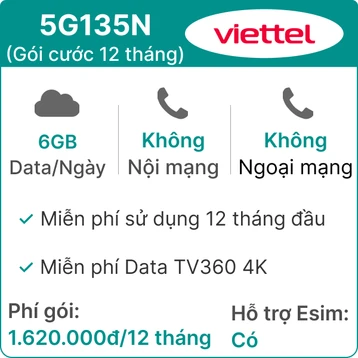 Sim 5G Viettel 12T5G135N 6GB/Ngày (Free TV360 4K) – 12 Tháng
