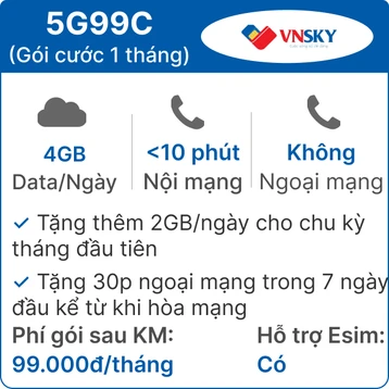 Sim 5G VNSKY 5G99C 4GB/Ngày có nghe gọi – Free 1 tháng